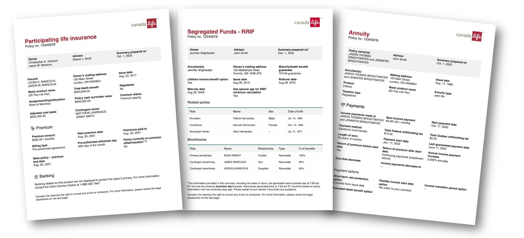 Three version one print summaries: participating life insurance, segregated funds RRIF and annuity